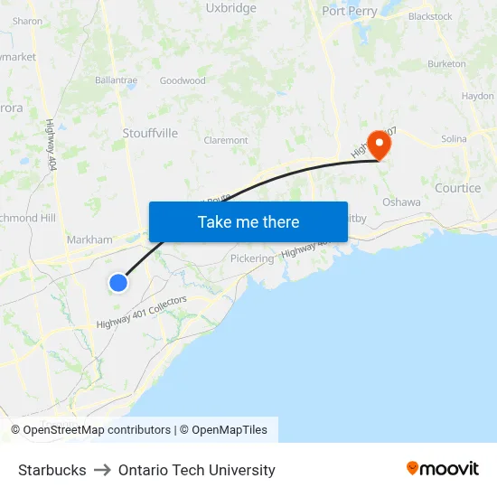 Starbucks to Ontario Tech University map