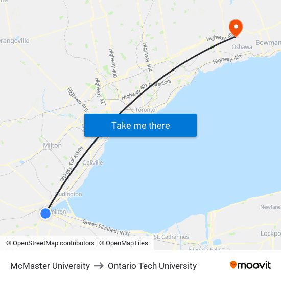 McMaster University to Ontario Tech University map