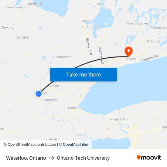 Waterloo, Ontario to Ontario Tech University map