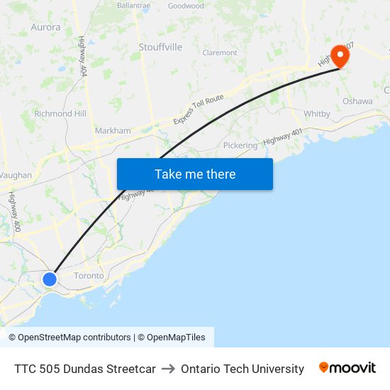 TTC 505 Dundas Streetcar to Ontario Tech University map