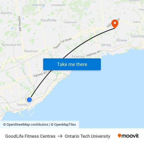 GoodLife Fitness Centres to Ontario Tech University map