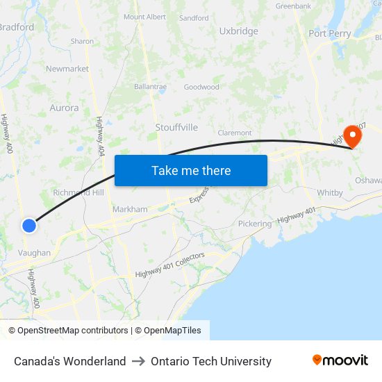 Canada's Wonderland to Ontario Tech University map