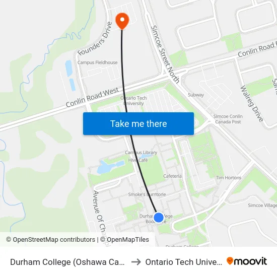 Durham College (Oshawa Campus) to Ontario Tech University map