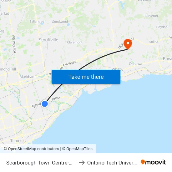 Scarborough Town Centre-West to Ontario Tech University map