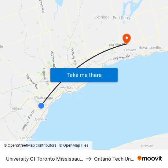 University Of Toronto Mississauga Campus to Ontario Tech University map