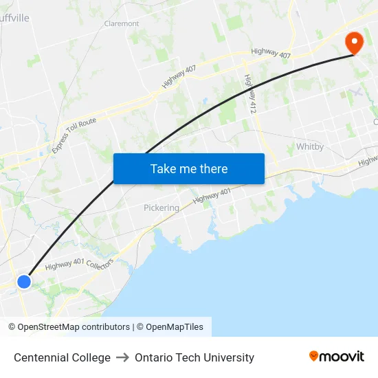 Centennial College to Ontario Tech University map