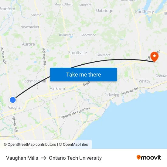 Vaughan Mills to Ontario Tech University map