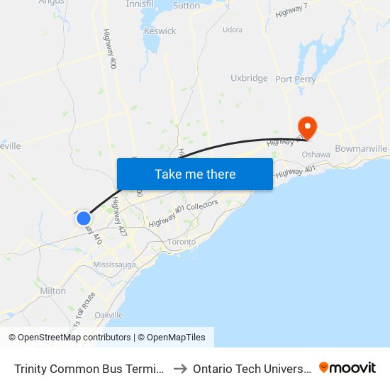 Trinity Common Bus Terminal to Ontario Tech University map