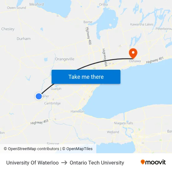 University Of Waterloo to Ontario Tech University map