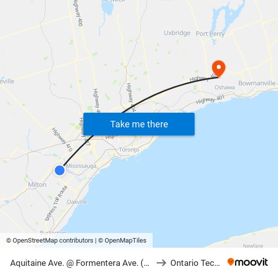 Aquitaine Ave. @ Formentera Ave. (Meadowvale Town Centre) to Ontario Tech University map