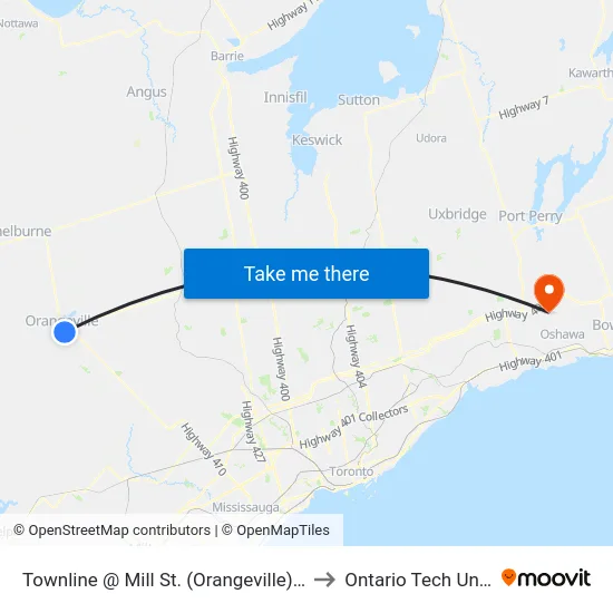 Townline @ Mill St. (Orangeville) Park & Ride to Ontario Tech University map