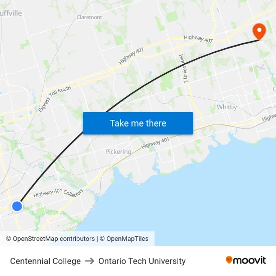 Centennial College to Ontario Tech University map