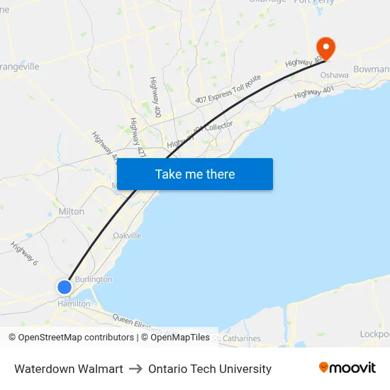 Waterdown Walmart to Ontario Tech University map