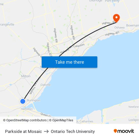 Parkside at Mosaic to Ontario Tech University map