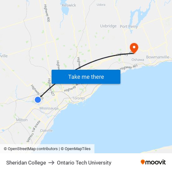 Sheridan College to Ontario Tech University map