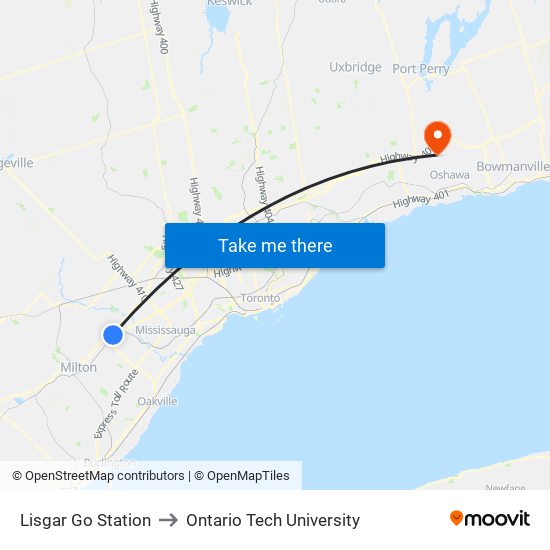 Lisgar Go Station to Ontario Tech University map