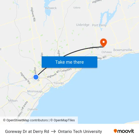 Goreway Dr at Derry Rd to Ontario Tech University map