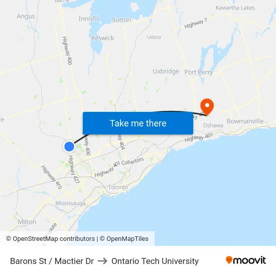 Barons St / Mactier Dr to Ontario Tech University map