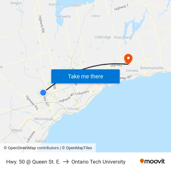 Hwy. 50 @ Queen St. E. to Ontario Tech University map
