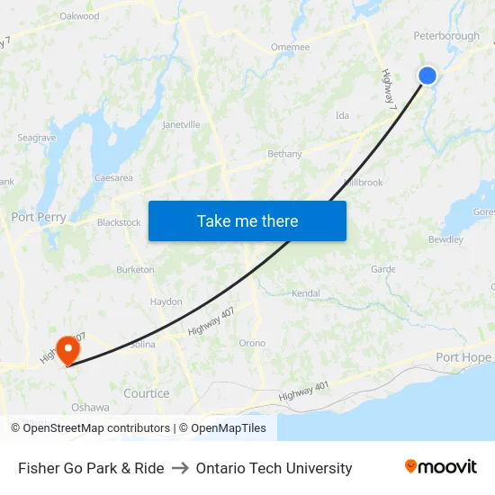 Fisher Go Park & Ride to Ontario Tech University map