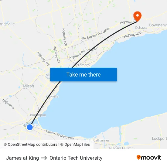 James at King to Ontario Tech University map