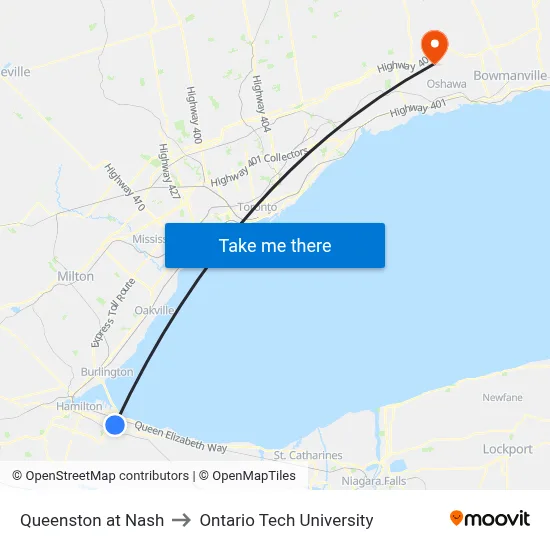 Queenston at Nash to Ontario Tech University map