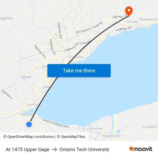At 1475 Upper Gage to Ontario Tech University map