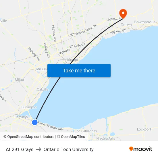At 291 Grays to Ontario Tech University map