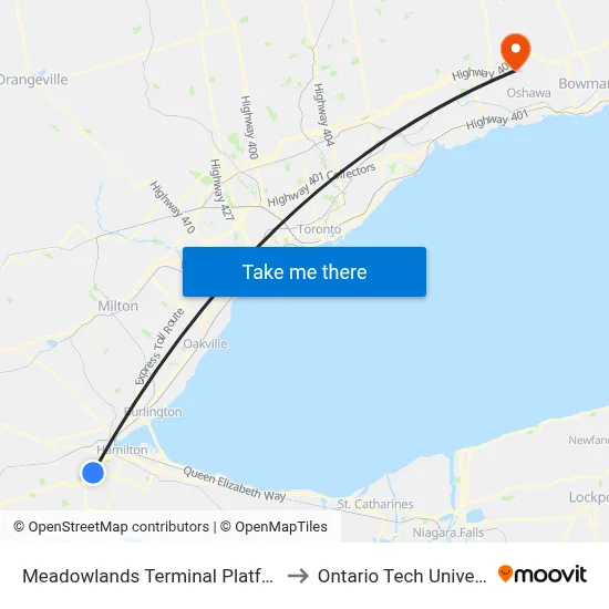 Meadowlands Terminal Platform 2 to Ontario Tech University map