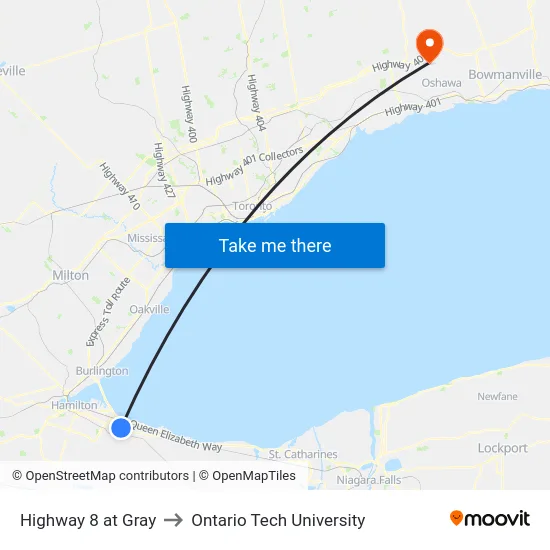 Highway 8 at Gray to Ontario Tech University map