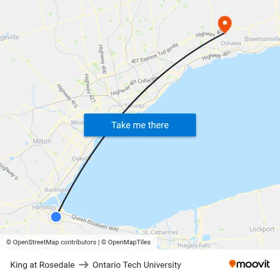 King at Rosedale to Ontario Tech University map