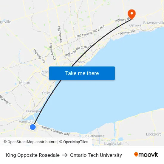 King Opposite Rosedale to Ontario Tech University map