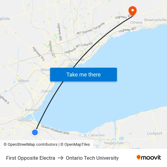 First Opposite Electra to Ontario Tech University map