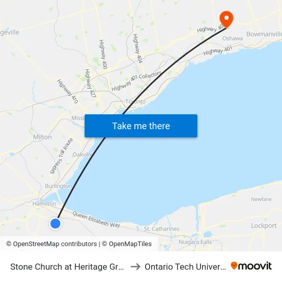 Stone Church at Heritage Greene to Ontario Tech University map