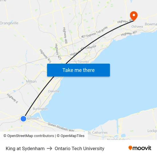 King at Sydenham to Ontario Tech University map