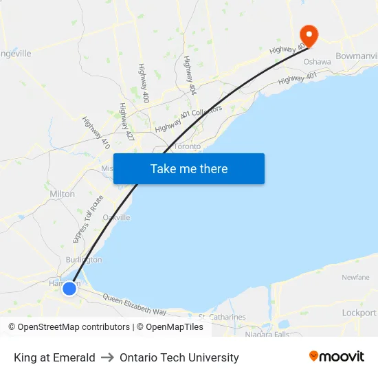 King at Emerald to Ontario Tech University map