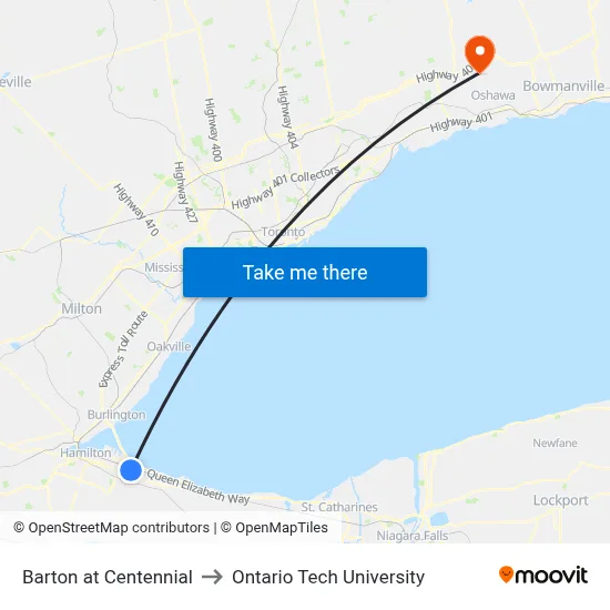 Barton at Centennial to Ontario Tech University map