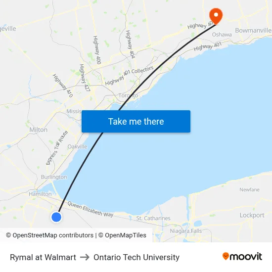 Rymal at Walmart to Ontario Tech University map
