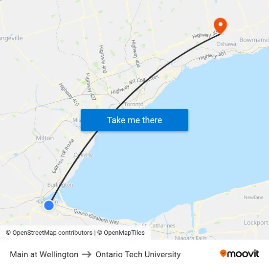 Main at Wellington to Ontario Tech University map