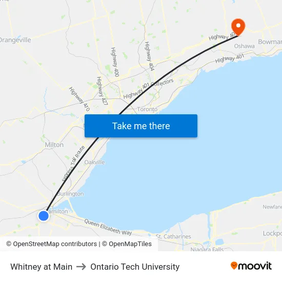 Whitney at Main to Ontario Tech University map