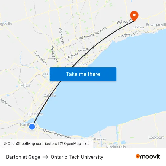 Barton at Gage to Ontario Tech University map