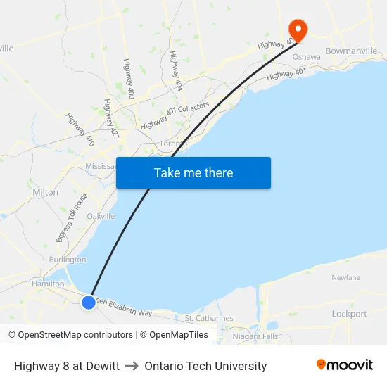 Highway 8 at Dewitt to Ontario Tech University map