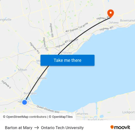 Barton at Mary to Ontario Tech University map