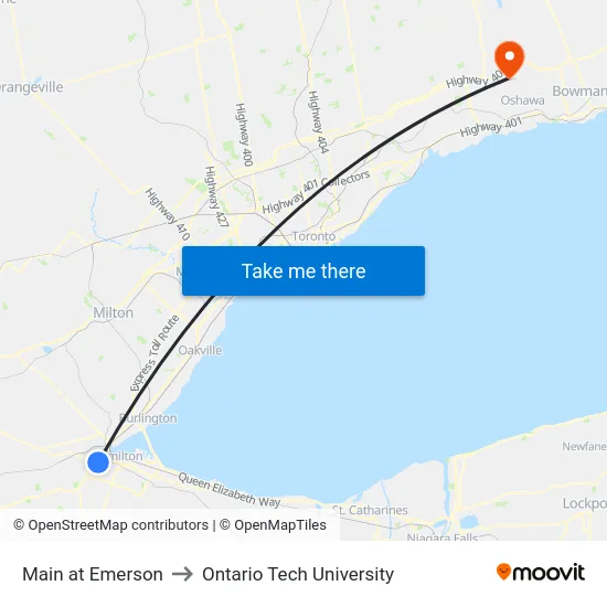Main at Emerson to Ontario Tech University map