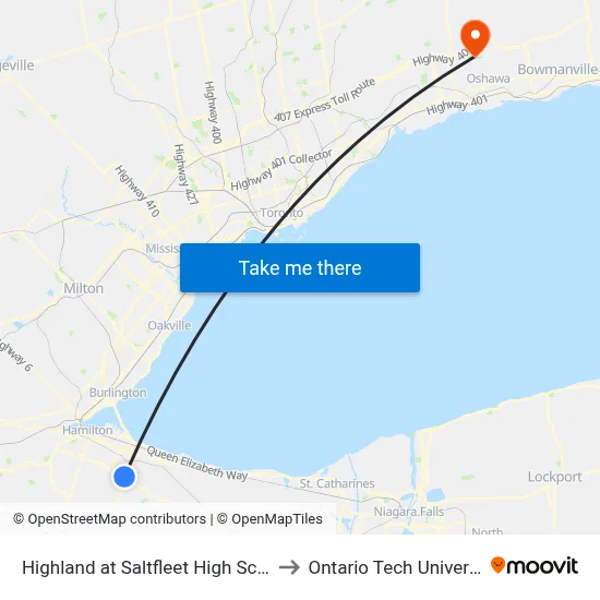 Highland at Saltfleet High School to Ontario Tech University map