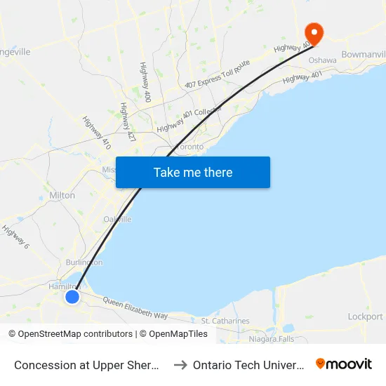 Concession at Upper Sherman to Ontario Tech University map