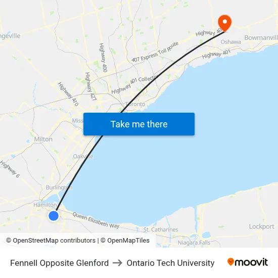 Fennell Opposite Glenford to Ontario Tech University map
