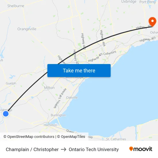 Champlain / Christopher to Ontario Tech University map