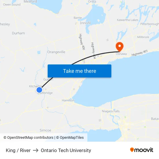 King / River to Ontario Tech University map