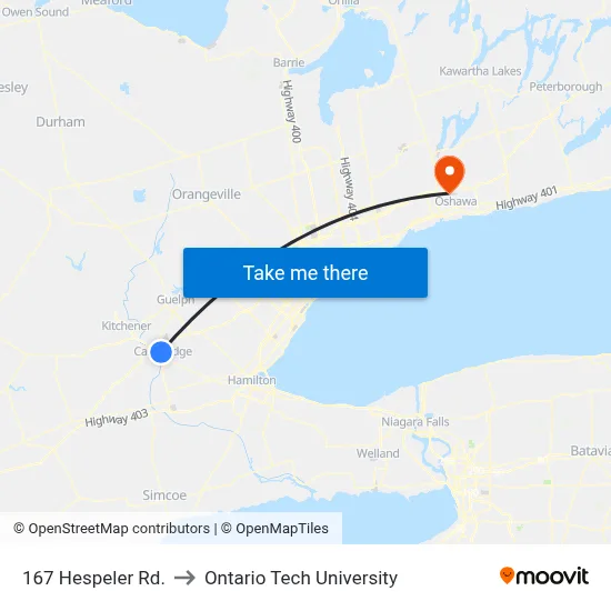 167 Hespeler Rd. to Ontario Tech University map